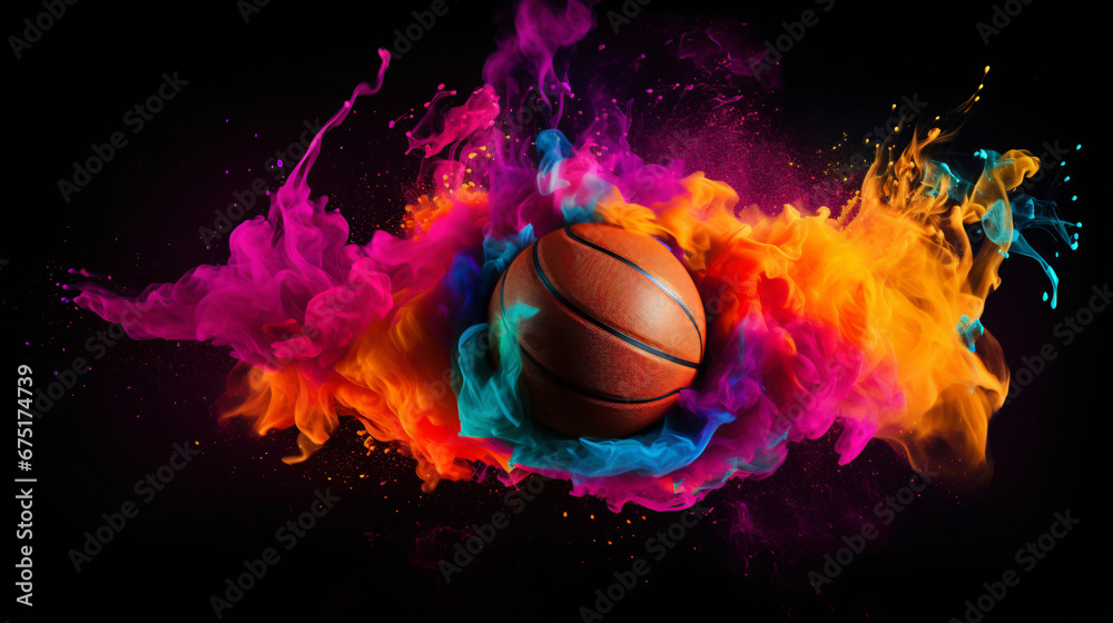 Basketball in explosion of colored neon powder isolated on white background