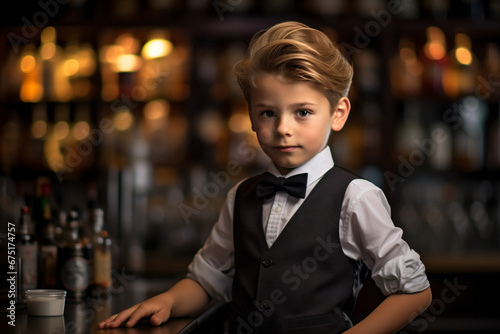 a young boy in a vest and bow tie standing at a bar