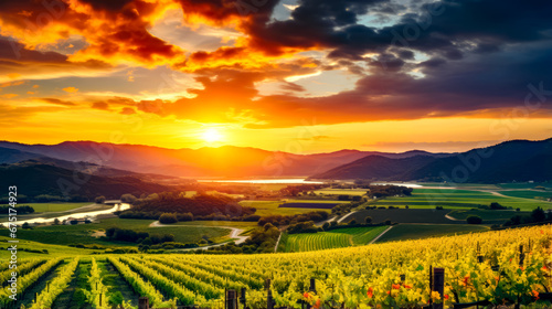 The sun is setting over vineyard in the country side of the country.