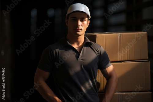 a man in a hard hat standing in front of boxes