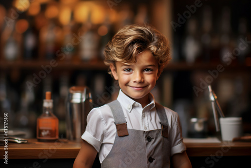 a young boy is smiling in front of a bar