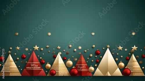 Merry Christmas and Happy New Year greeting card, poster, holiday cover. Modern Xmas border design with geometric pattern in red, gold, white colors on green. Christmas tree, balls, stars, snowflakes