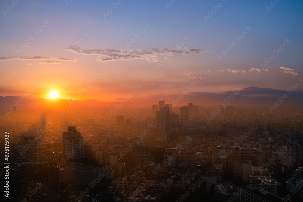 Sunset over foggy Tokyo