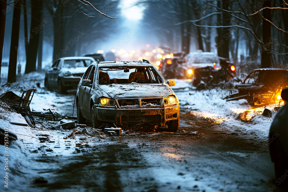 car crash in a car accident on slippery road in winter