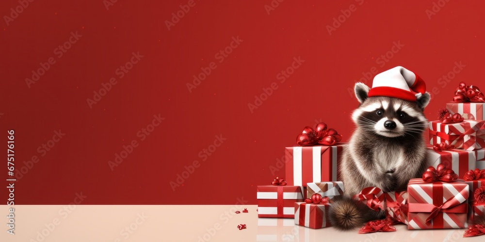 Cute raccoon among New Year's gifts on a red background, banner. copy space - obrazy, fototapety, plakaty 