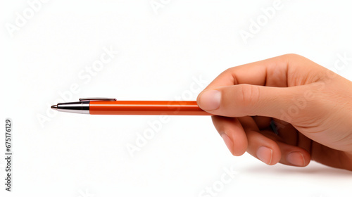 Beautiful man hand with point pen on white background