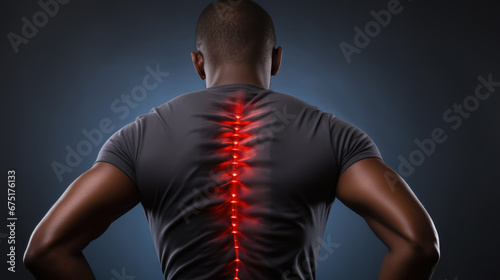 back of an adult man with a red sore spine, pain, inflammation, disease, treatment, arthritis, osteochondrosis, pain relief, medicine, people, person, bones, dark background, male body, anatomy © Julia Zarubina