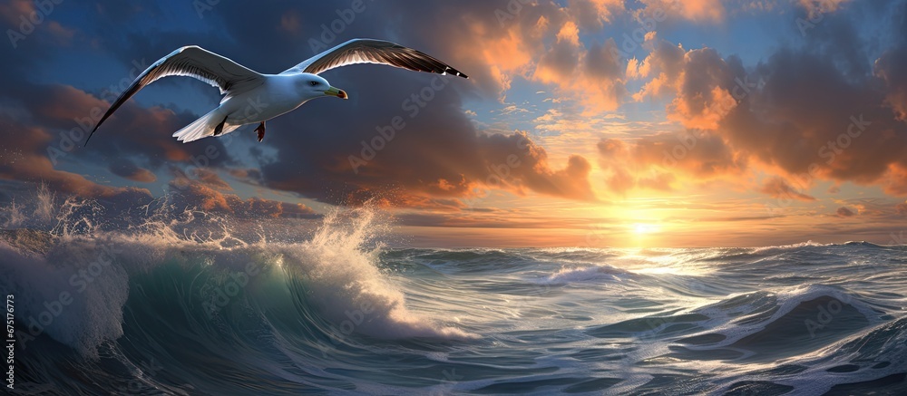 Obraz premium In the winter sky of Istanbul Turkey the background was filled with the breathtaking combination of white clouds blue waves and the luminous rays of light while a graceful bird with feather