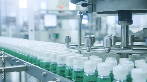 pharmaceutical industry. Production line machine conveyor with glass bottles ampoules at factory