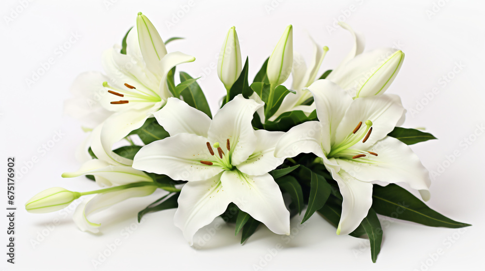 Beautiful white easter lily flower bouquet isolated on white background