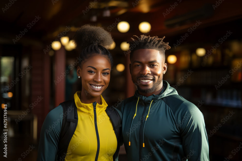 African American fitness man and woman standing in gym club. Personal trainer. healthy lifestyle African American fitness man and woman standing in gym club. Personal trainer. healthy lifestyle