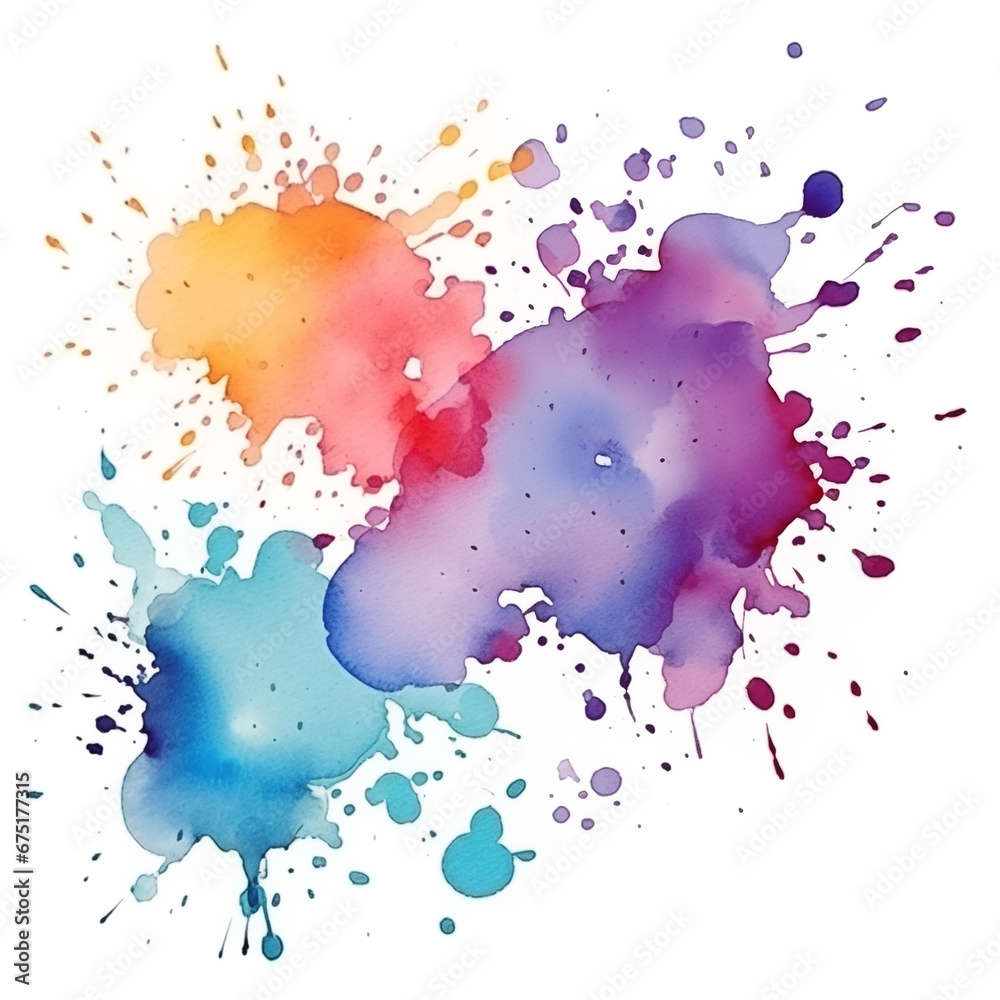 Abstract artistic multicolored paint splashes isolated on white background. Rainbow colored blots. Generative AI