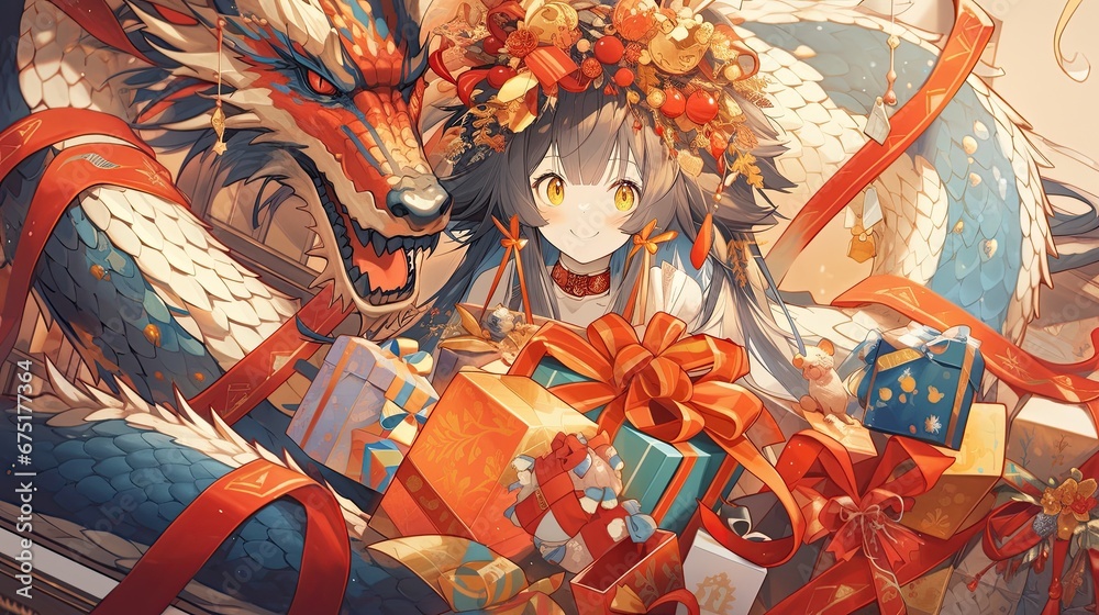 Obraz premium Chinese dragon gives New Year gifts to cute anime girl