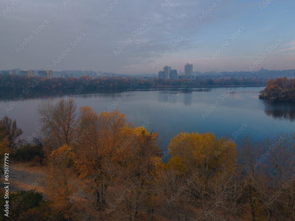 The rowing canal spit on Pobeda in the city of Dnieper from above. River View. Autumn colors. Drone photography. The rowing canal spit on Pobeda in the city of Dnieper from above. River View. Autumn colors. Drone photography.