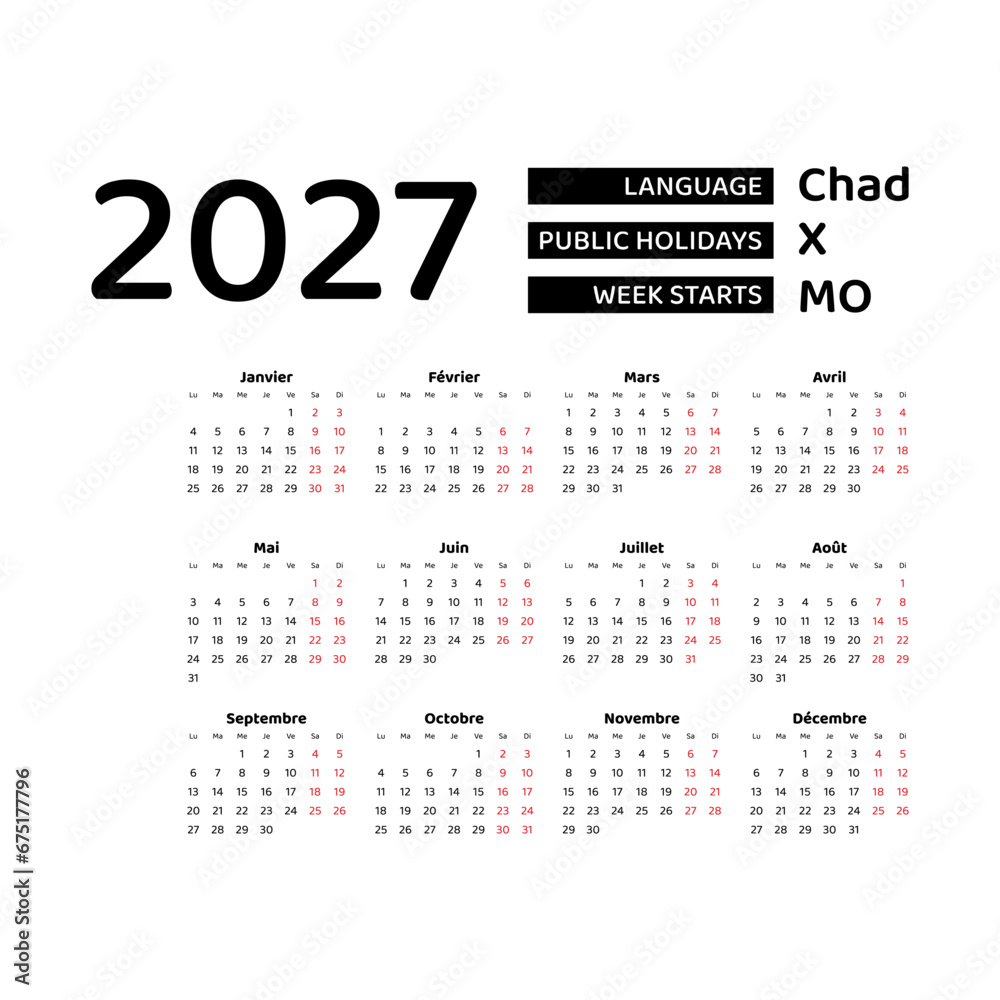 Calendar 2027 French language with Chad public holidays. Week starts from Monday. Graphic design vector illustration.