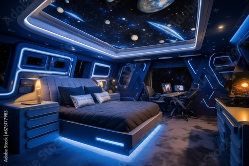 Kid's Bedroom with Space Theme, interior design,  Featuring Blue and Silver Decor, LED Stars, and Modern Furniture © AnnTokma