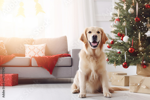 Dog sitting near christmas tree
