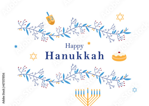 Vector illustration of happy hanukkah with symbols, decoration