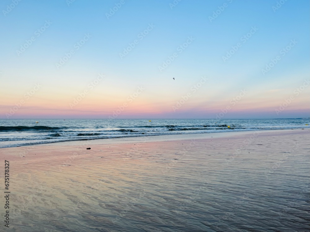 Pastel colors of the sea coast, sandy beach, purple sea horizon, tender natural gradient 