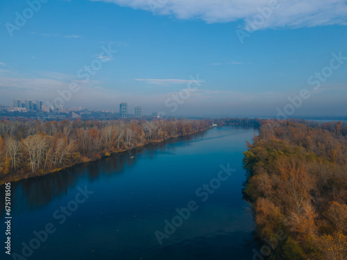 The rowing canal spit on Pobeda in the city of Dnieper from above. River View. Autumn colors. Drone photography.