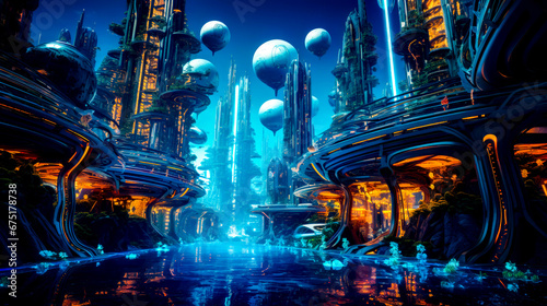 Futuristic city surrounded by tall buildings and futuristic water features in the foreground.