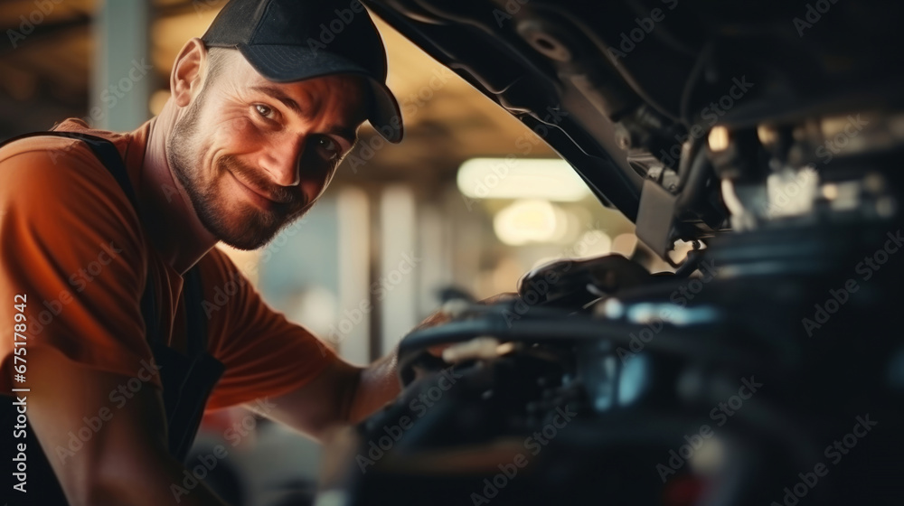 Professional, mechanic or man working on vehicle or car engine. Close-up, face and crop for car parts and automobile service repair in a engineer or garage workshop Professional, mechanic or man working on vehicle or car engine. Close-up, face and crop for car parts and automobile service repair in a engineer or garage workshop