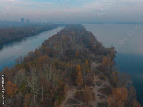 The rowing canal spit on Pobeda in the city of Dnieper from above. River View. Autumn colors. Drone photography. photo