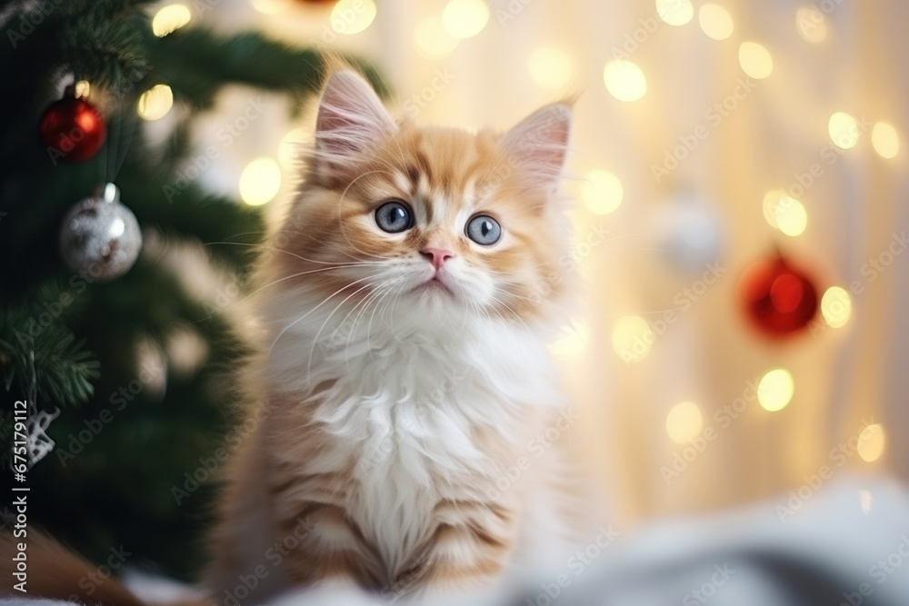white and red little kitten on a New Year's background