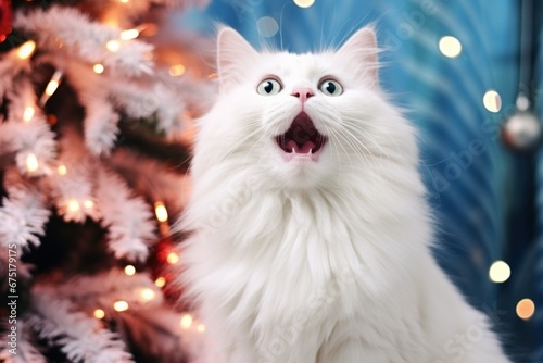 white cat with a surprised face on a New Year's background