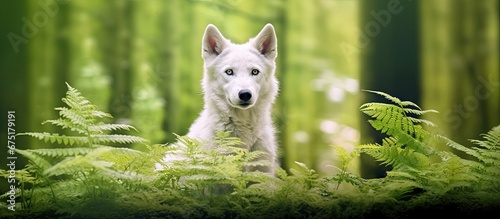 In the isolated background of a lush green forest an animal with a white coat poses for a conceptual portrait showcasing its cute and colorful eyes perfectly complementing the natural beauty photo