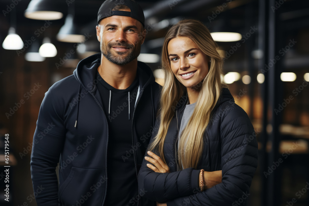 Fototapeta premium couple fitness man and woman in sportswear standing in gym club. personal trainer. healthy lifestyle