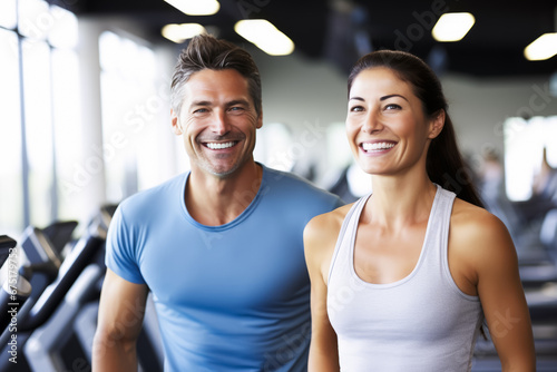 couple fitness man and woman in sportswear standing in gym club. personal trainer. healthy lifestyle photo