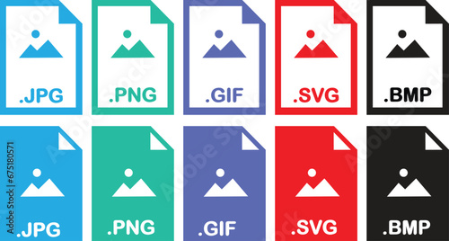 Image file formats icons set. JPG, PNG, GIF, SVG, BMP file document symbol vector art photo