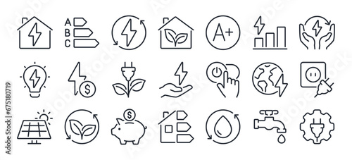 Energy saving and efficiency editable stroke outline icons set isolated on white background flat vector illustration. Pixel perfect. 64 x 64. photo