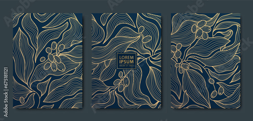 Vector art deco, luxury golden floral covers. Line japanese style leaves and coffee beans, nature texture patterns, cover, flyer templates. Elegant wavy vintage brochures