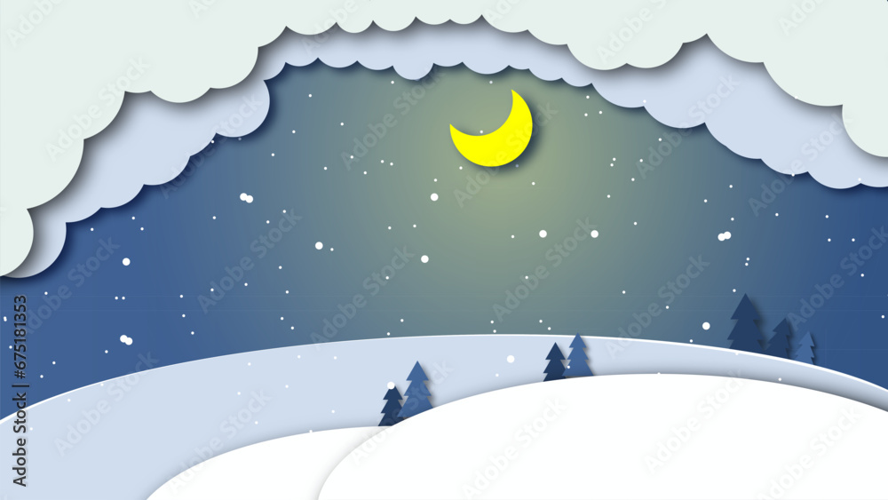 Winter night paper cut out design with snow flakes