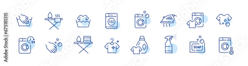 Set of washing and ironing clothes icons. Hand and machine service. Stain removing soap. Pixel perfect, editable stroke