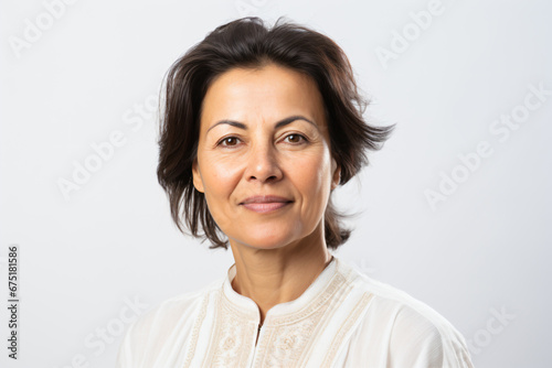 a woman with a white shirt and a white background