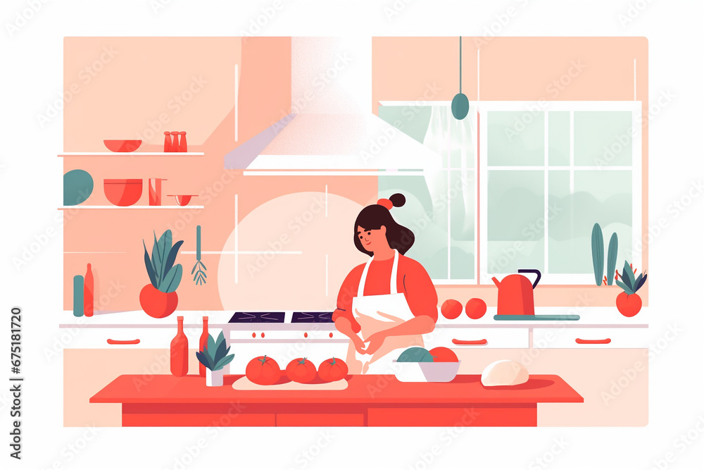  Happy woman, housewife preparing lunch with fresh colorful vegetables at the kitchen table.trendy culinary vlogger making content and teaching