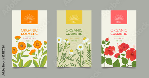 Organic Collection, Eco Shop, Natural Cosmetic Store with Premium Quality Cards or Posters Set. Selling Products Advertisement. Natural Design with Leaves in Different Colors. Herbs.