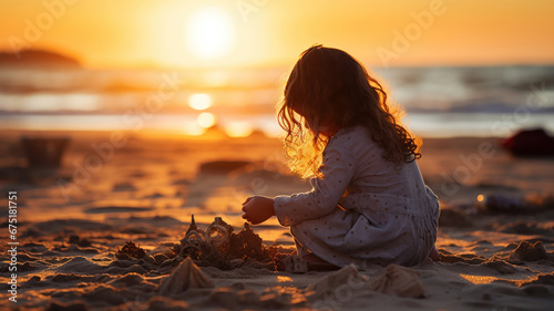 A girl at play on the beach with the setting sun in the background.