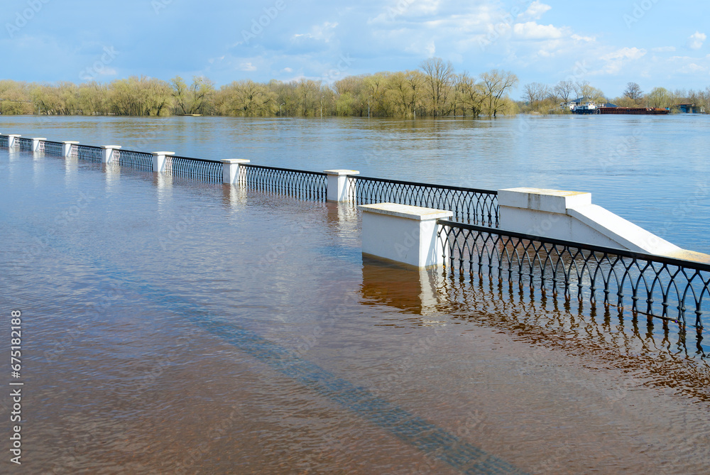 High water. Flooded embankment of Sozh River, Gomel, Belarus