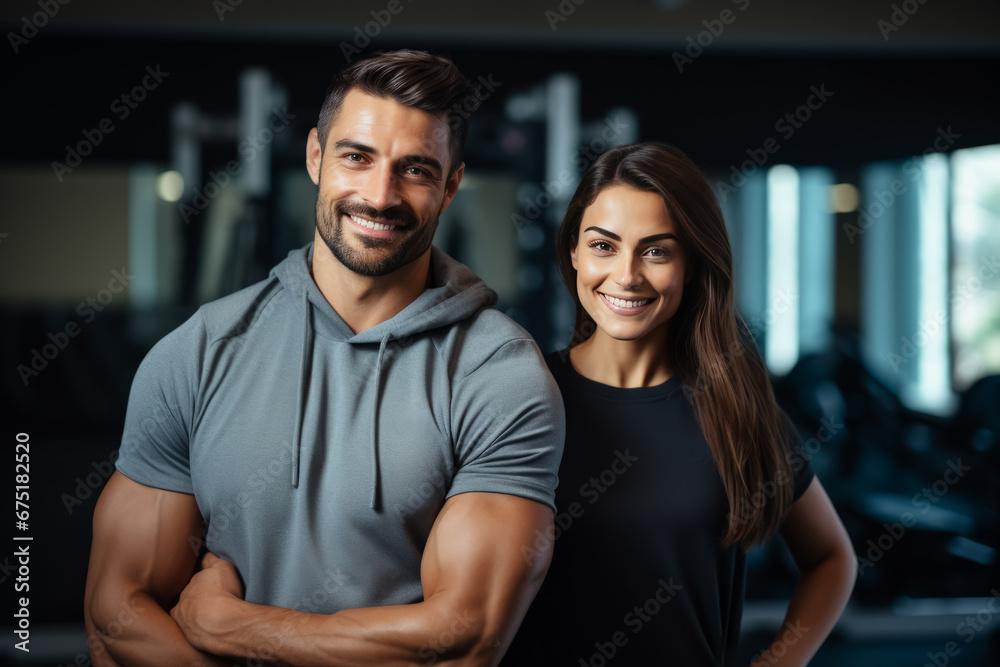 Fototapeta premium couple fitness man and woman in sportswear standing in gym club. personal trainer. healthy lifestyle