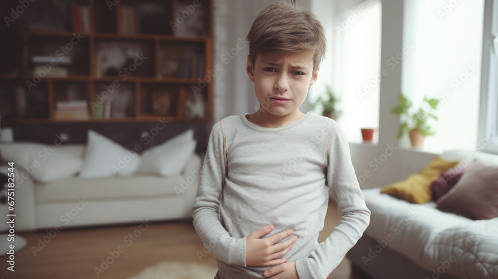 sad little boy holding his stomach, illness, cramps, health, color