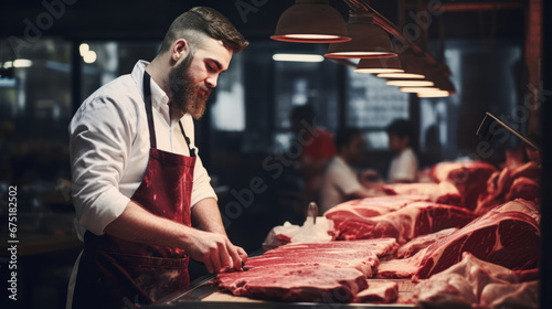 Butcher is working in a modern meat shop