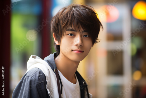 a young man with a backpack and a white shirt