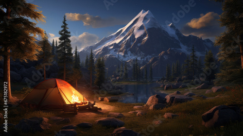 Camper tent is under starry night sky