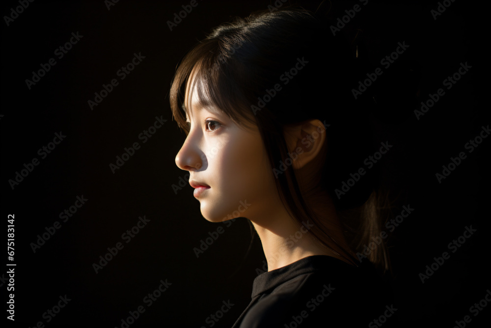 a woman with a ponytail is looking away a woman with a ponytail is looking away