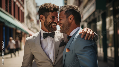 Candid close up portrait photo of two grooms in love, together photo
