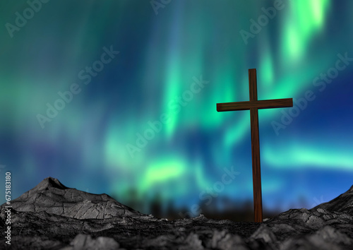 Wooden cross on a rock against the backdrop of the northern lights.